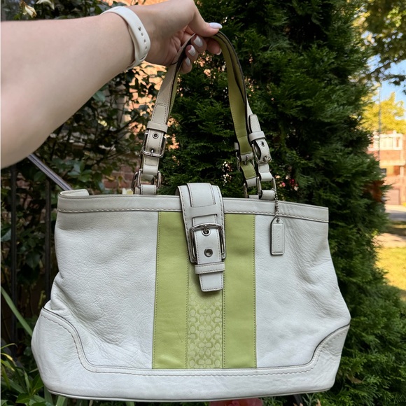 Coach Hampton White Leather Stripe Buckle Double Handle Satchel Shoulder Bag - Picture 9 of 9